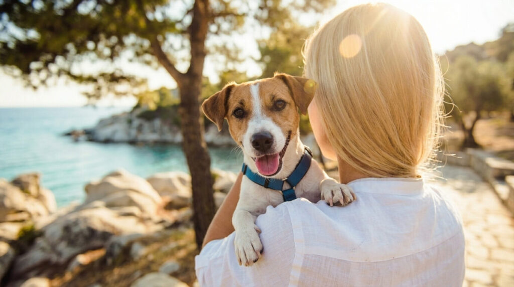 A happy Jack Russell Terrier puppy wearing a blue harness is hugged by its blonde owner, looking over her shoulder at a beach in Sithonia, Greece